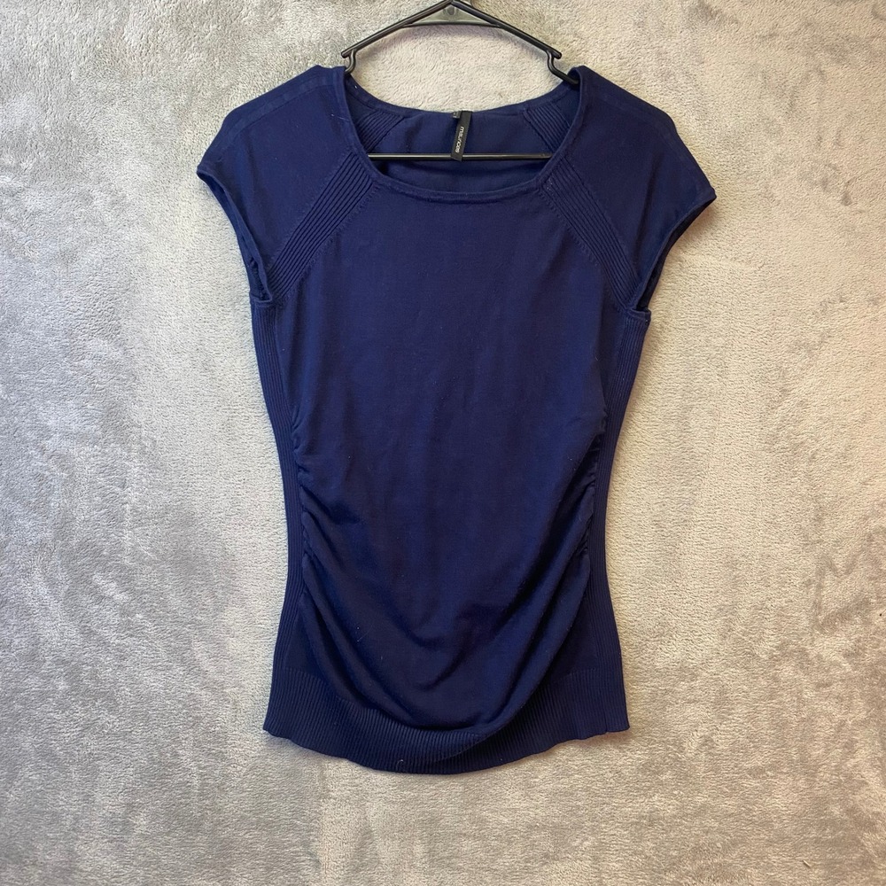 Maurices Womens Navy Blue Ruched Short Sleeve Knit Sweater Top Size M